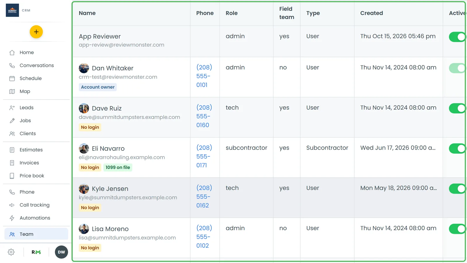 The Team page, with the filter bar and the list of team members