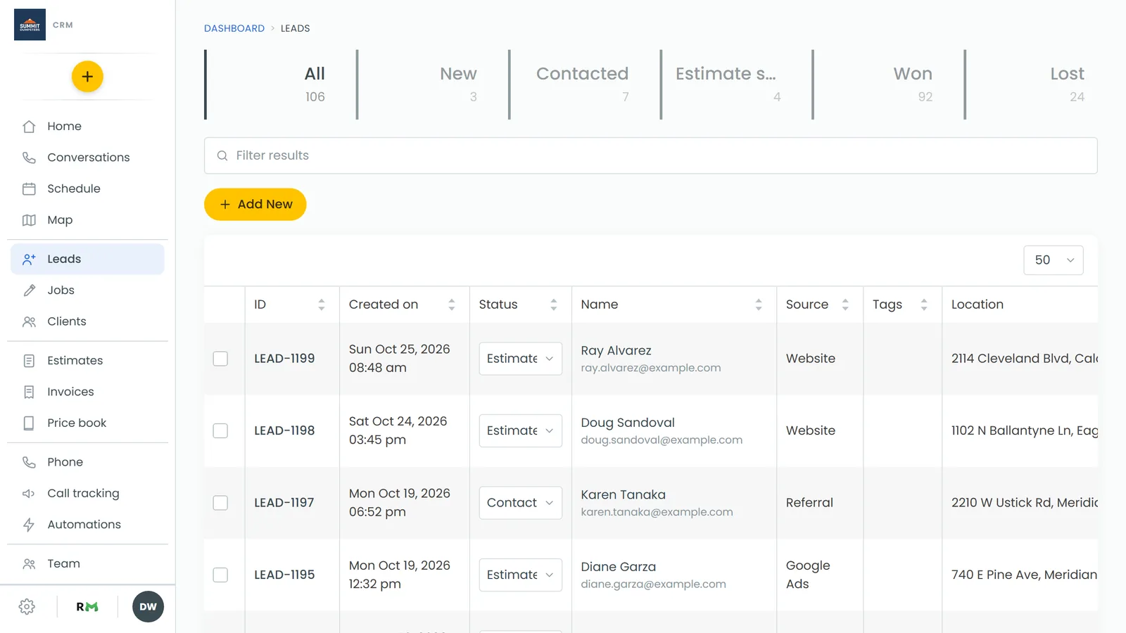The status tiles across the top of the Leads page