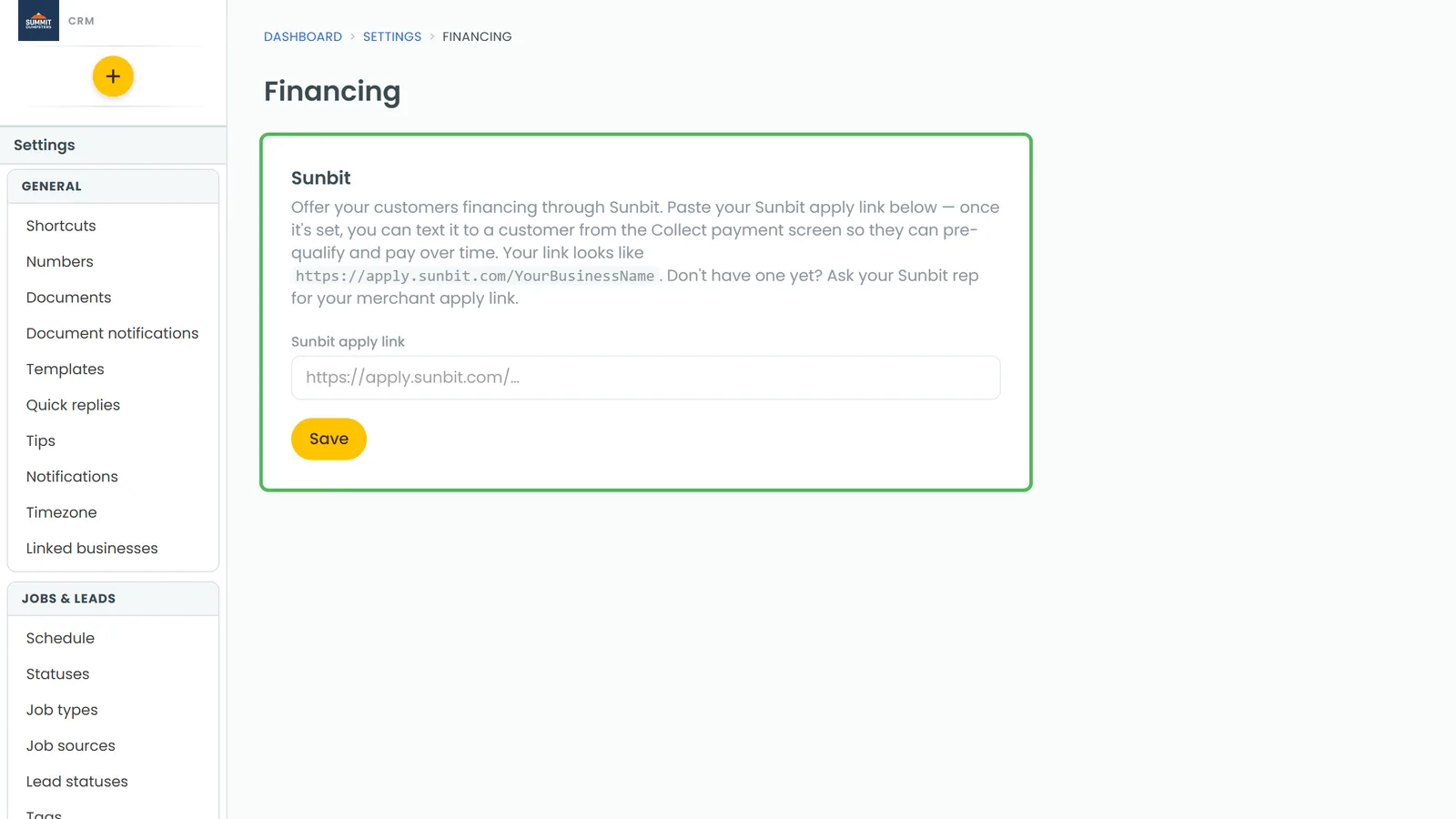 The Financing settings page, where your Sunbit apply link lives
