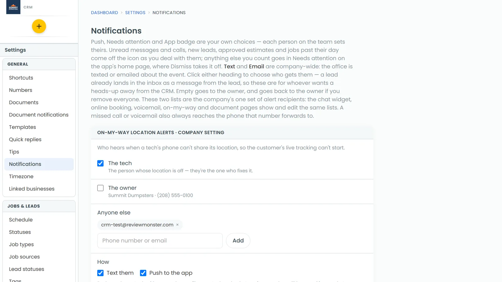 The Notifications grid, with the Text and Email headings you click to choose who gets them