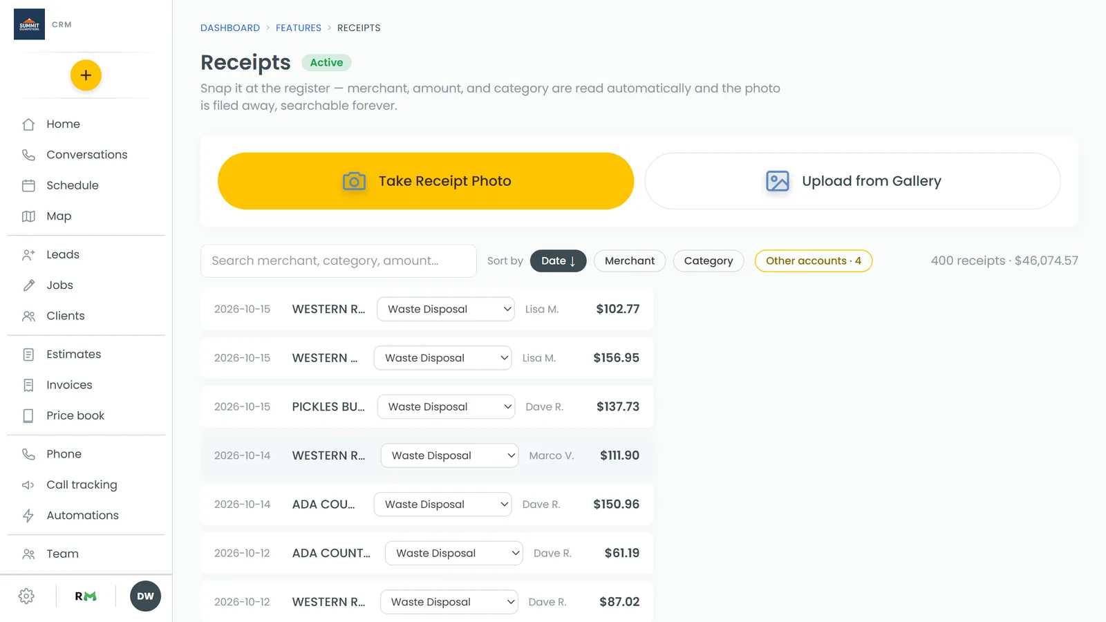 The Receipts page with the list of saved receipts