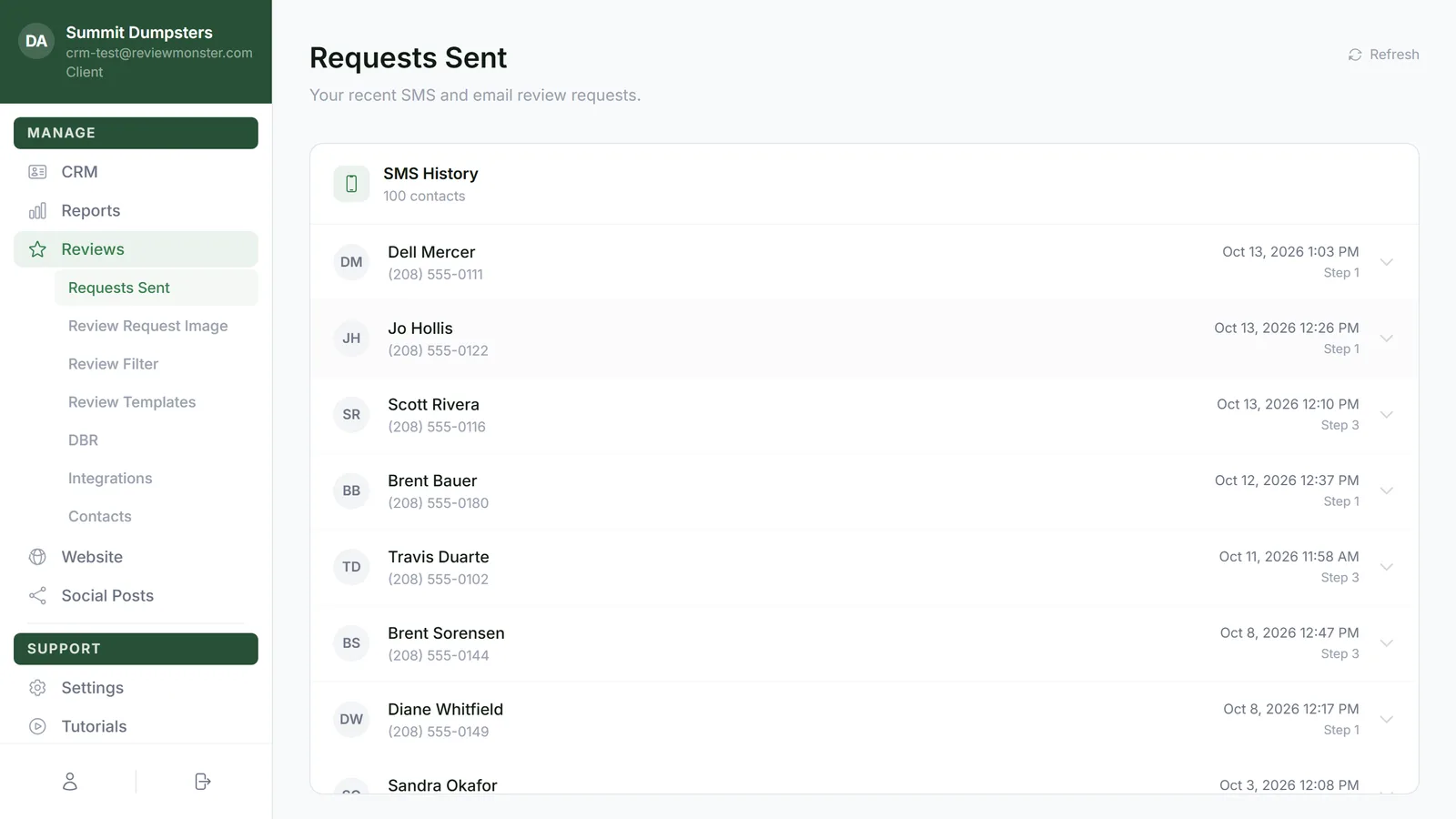The Requests Sent page with SMS History and Email History