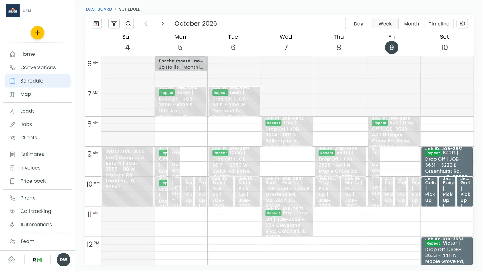 The Schedule in Week view, with Today, Filter and Search on the left and the view buttons on the right