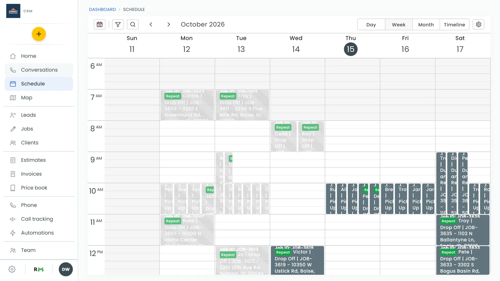 The view buttons at the top right of the schedule