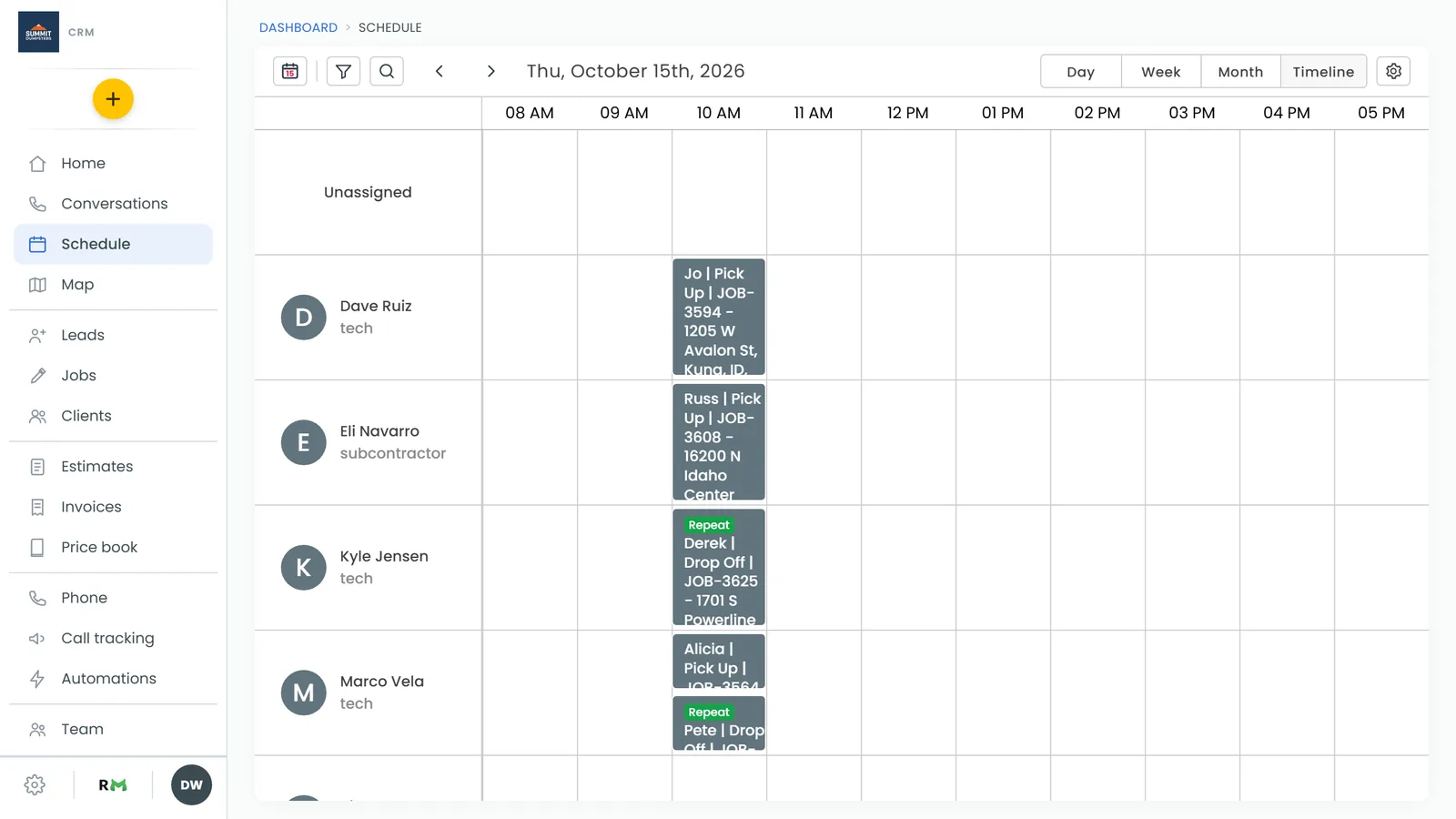 Month view, with each job on one line in its day