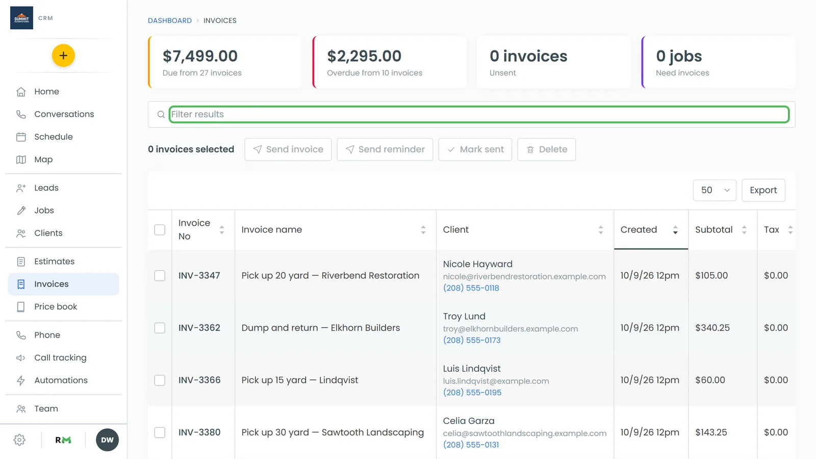 The Filter results box on the Invoices list