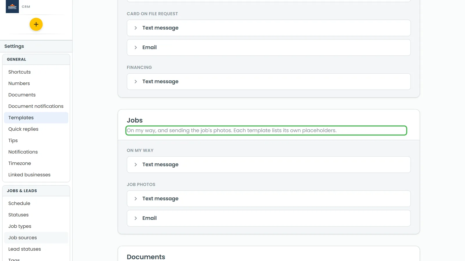 The On my way text in Settings › Templates