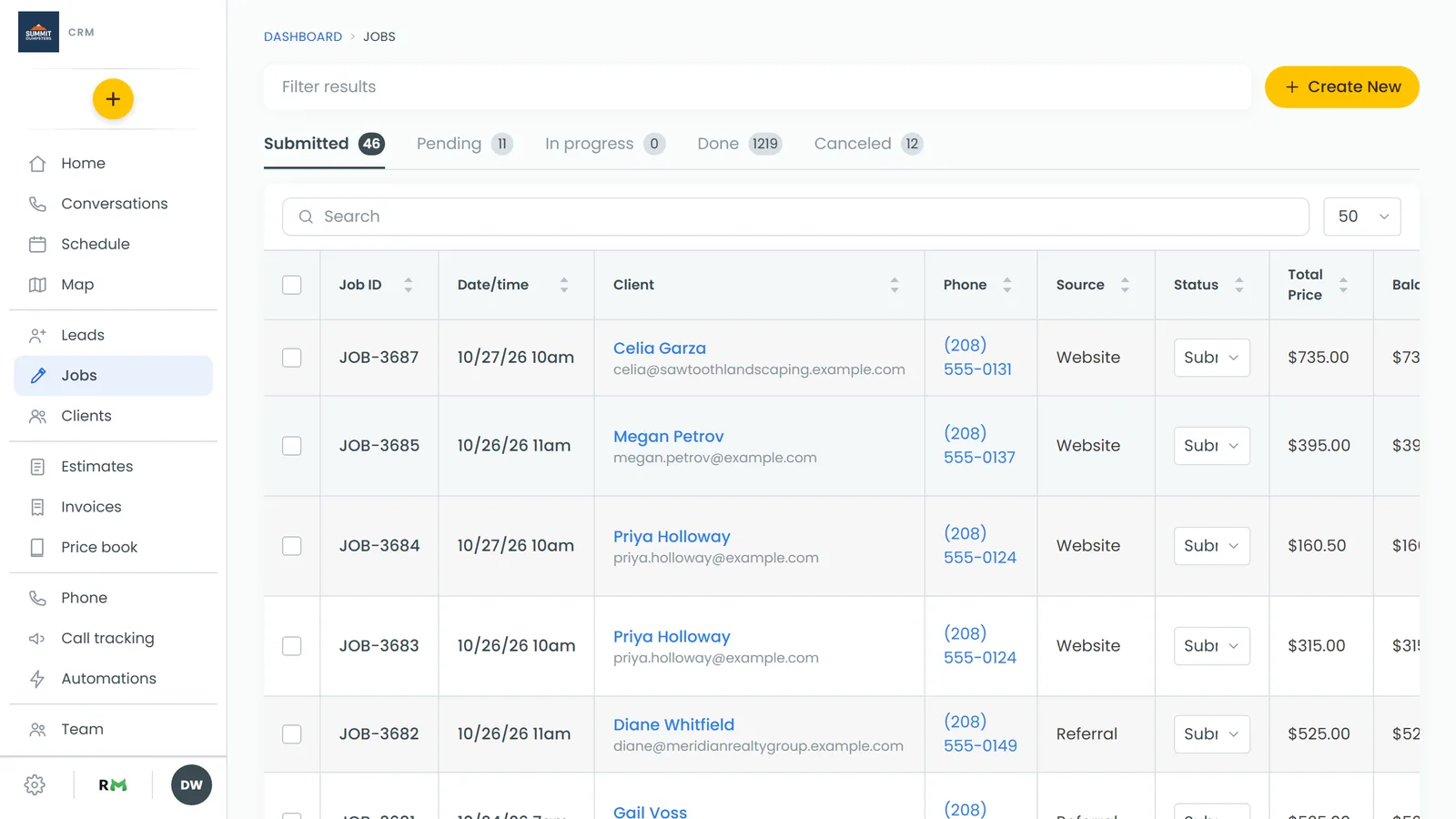 The Payments tab on a job lists each payment, with a ⋮ menu at the end of the row