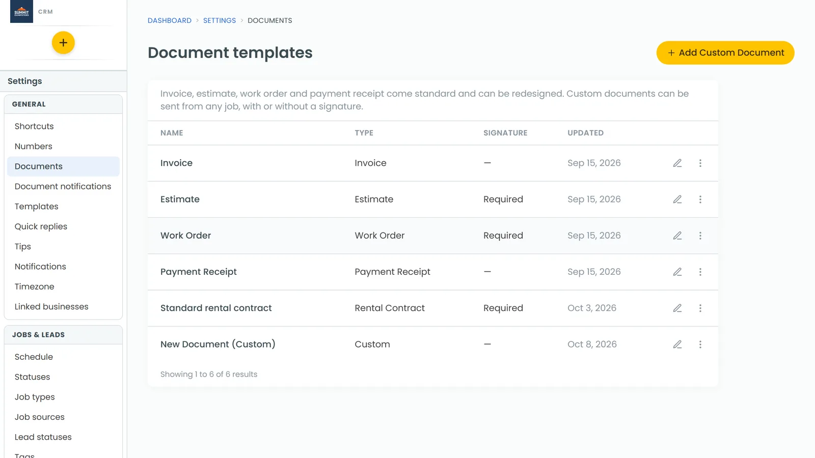 The document templates, including Work Order