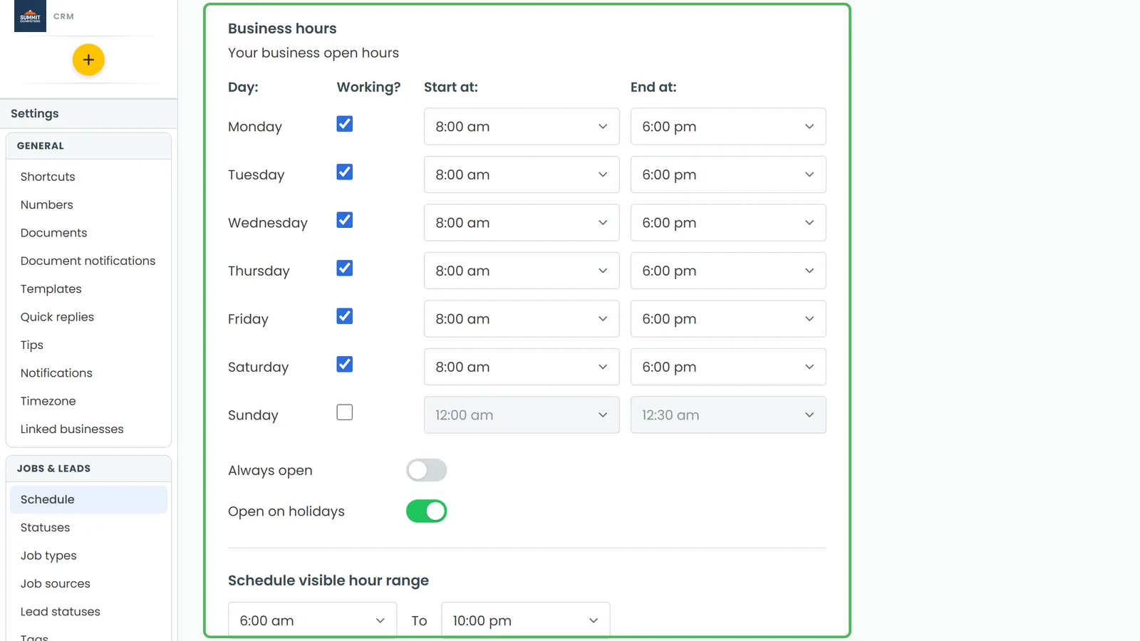 The Schedule settings page, with business hours at the top