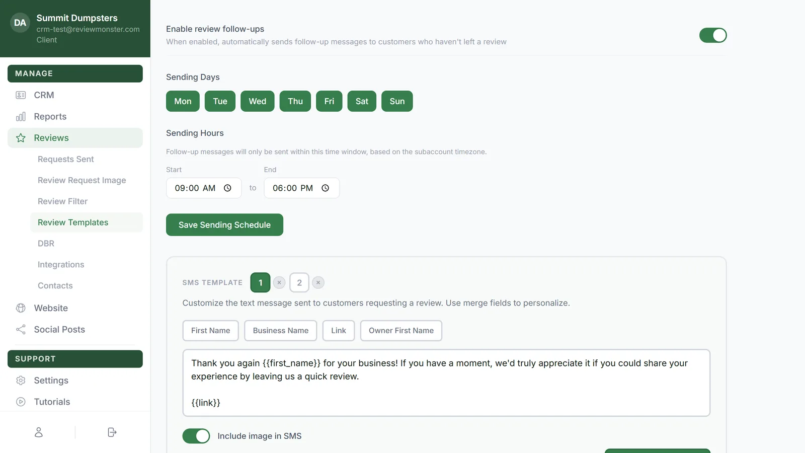 The sending schedule at the top of Review Templates