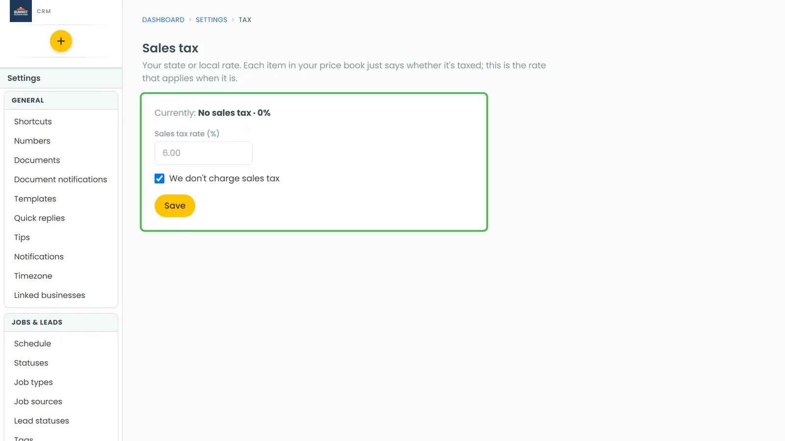 The Sales tax page, showing the rate in use