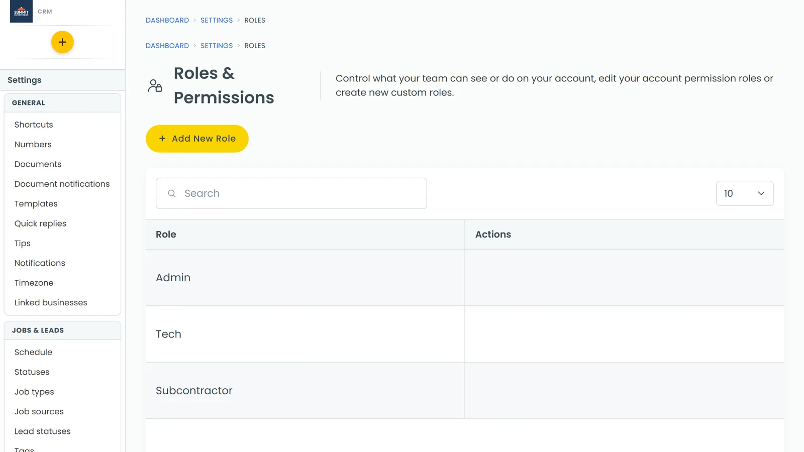 The Roles & Permissions page, with Admin and Tech listed