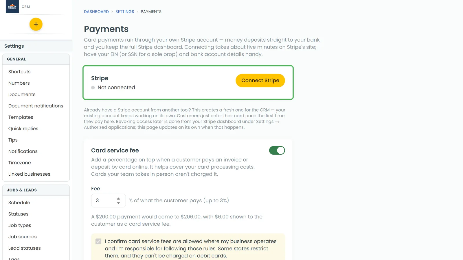 The Stripe card on the Payments settings page