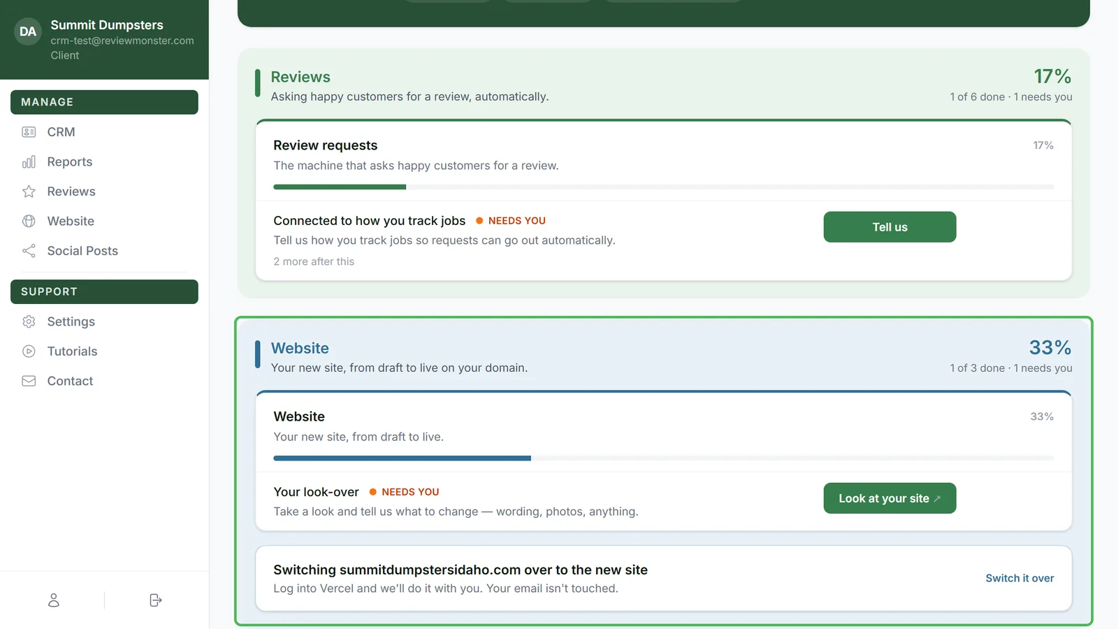 The Website section of the Setup page, with the switch-over card under it