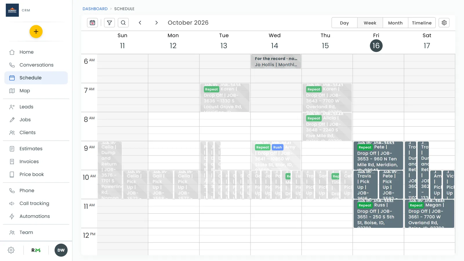 Click a job on the schedule to see the text button next to the customer's number