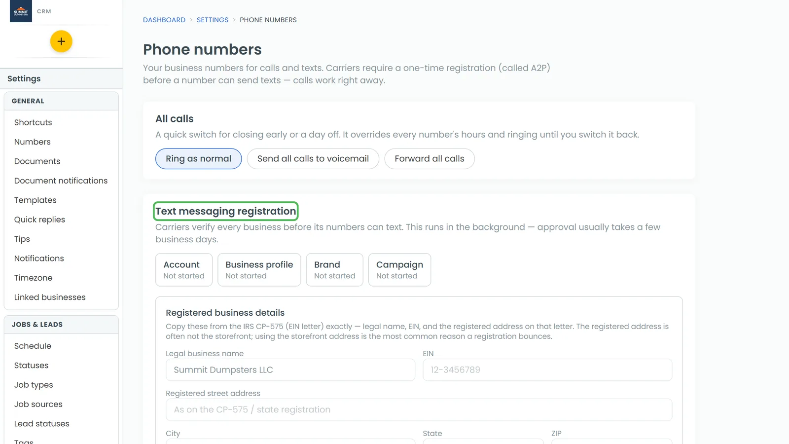 The Phone numbers page with the Text messaging registration and Calling registration cards