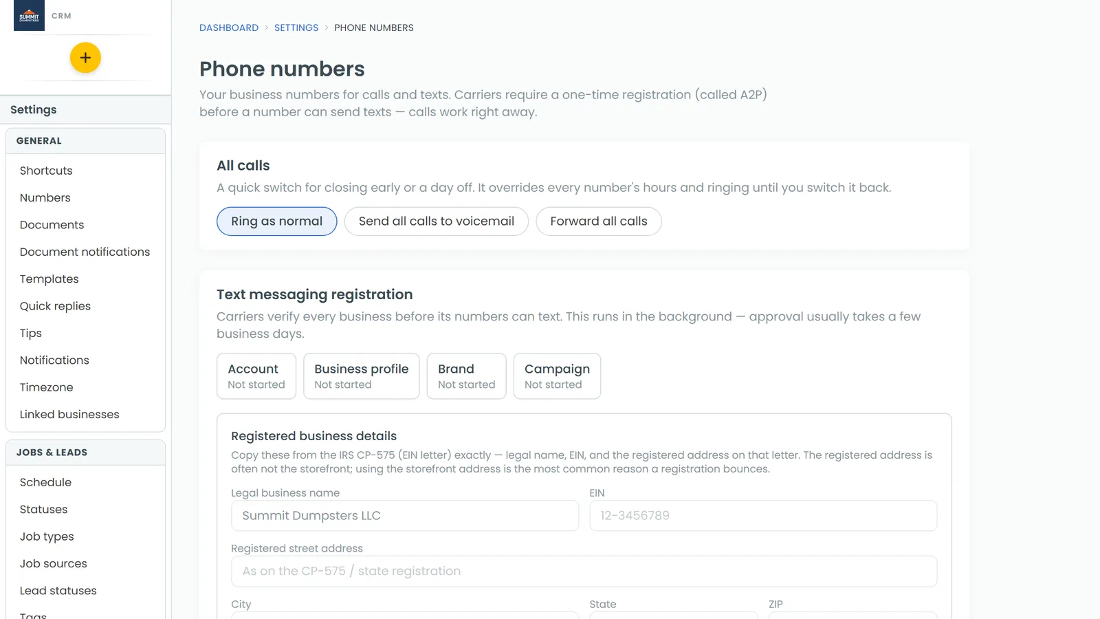 The Phone numbers page, with the CRM number and Review requests cards