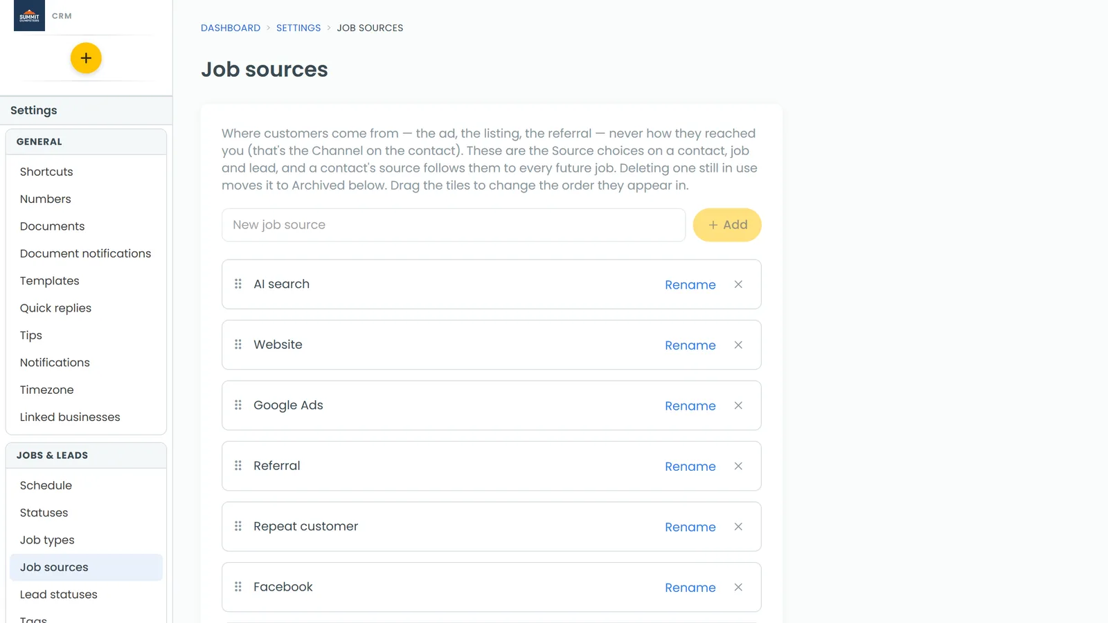 The Job sources list in Settings