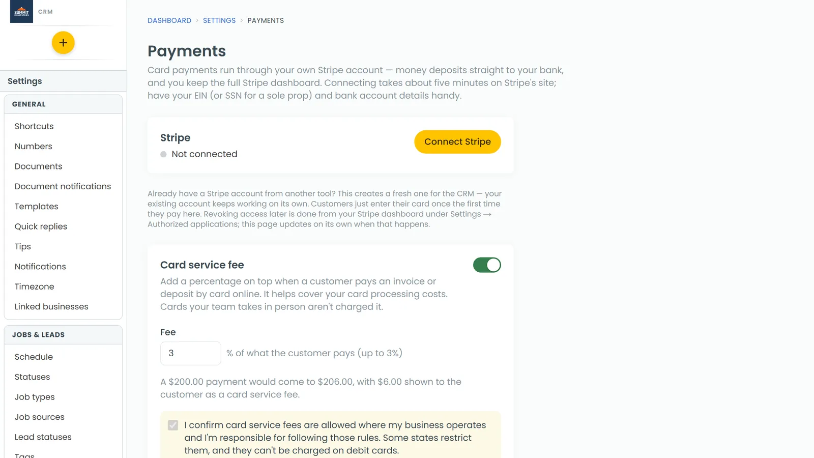 The Payments settings page, where you connect Stripe