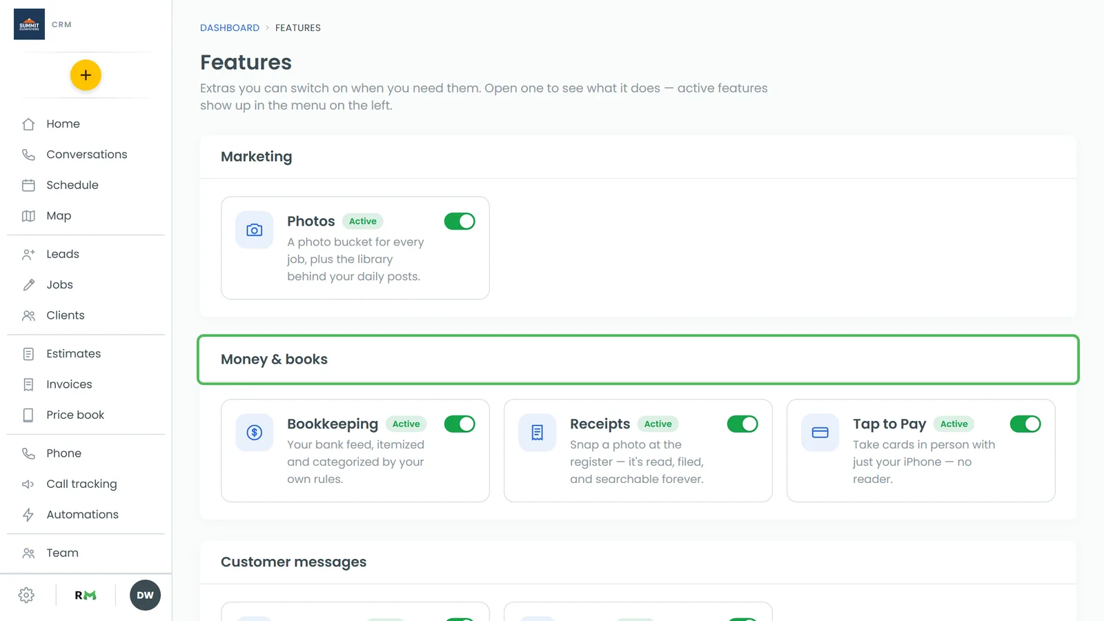 The Features page, where Bookkeeping sits under Money & books