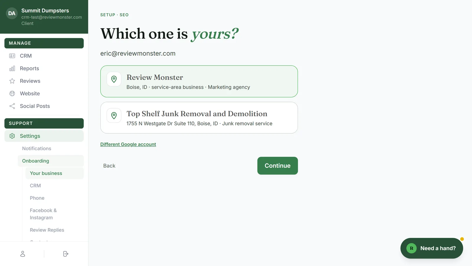 The Your business step, where you connect Google