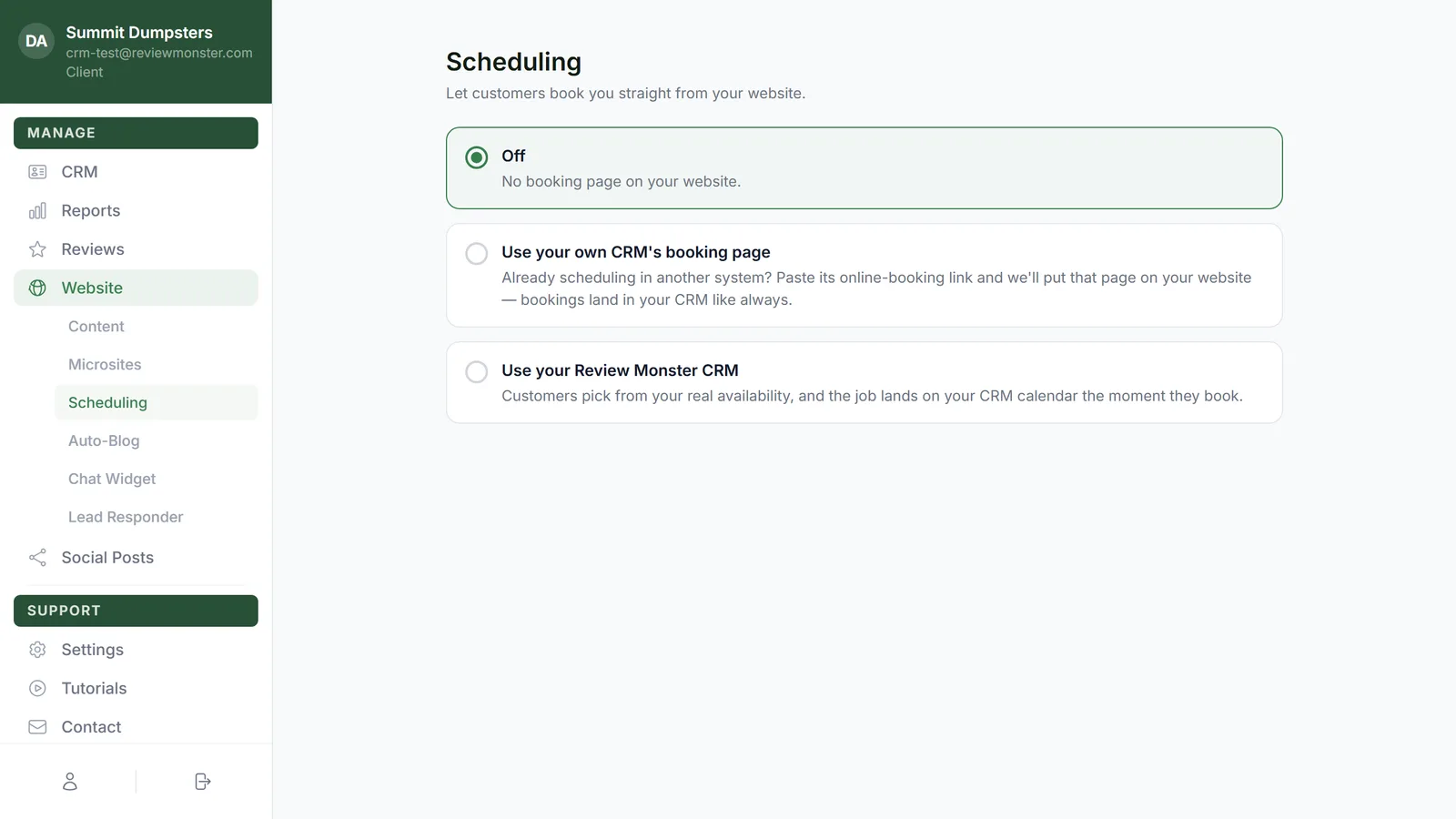 The three booking choices on the Scheduling page