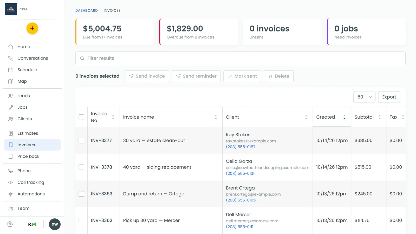 The Invoices page, with the summary tiles on top and the Status column in the list