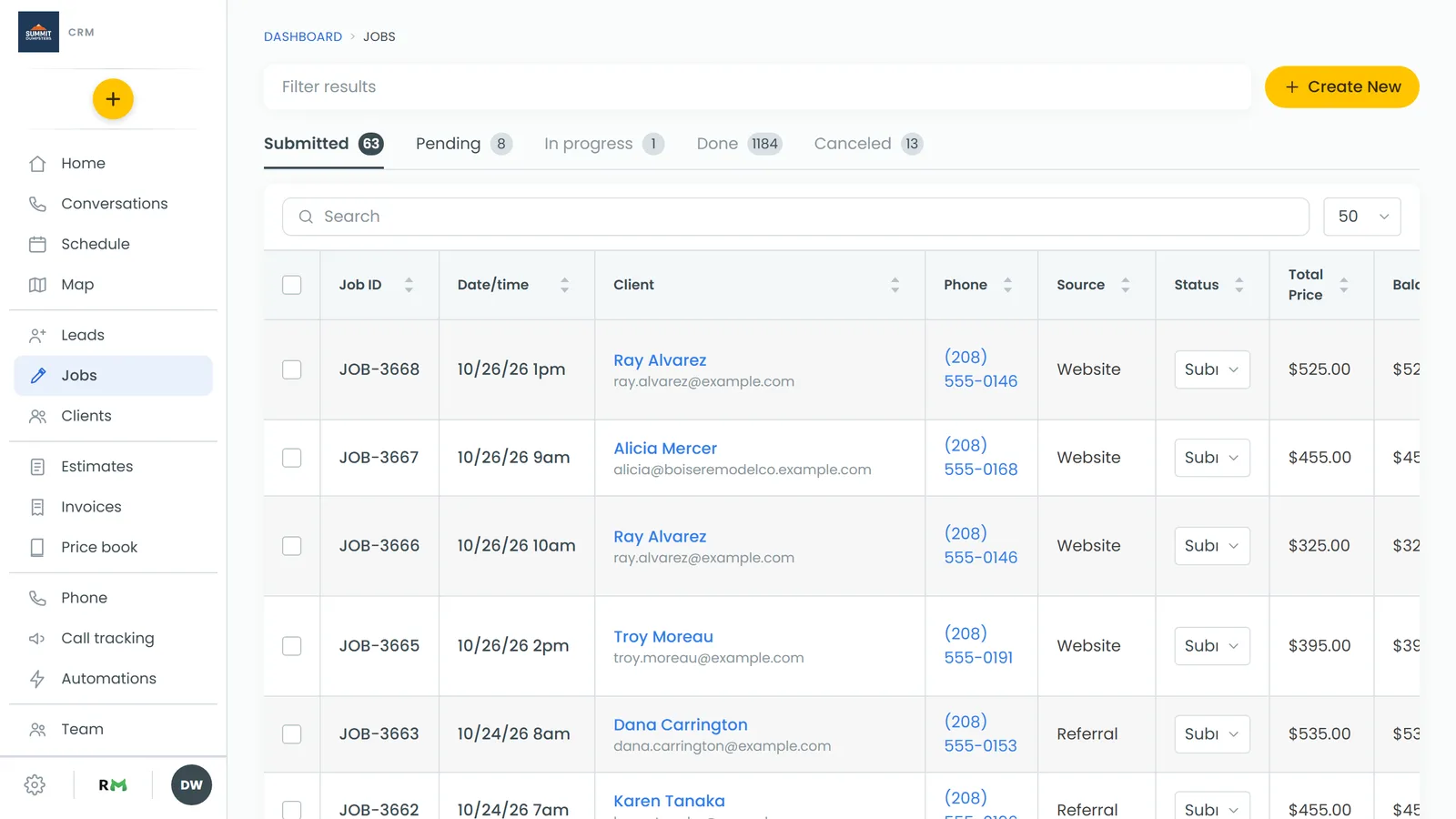 The Jobs list, with a tab and a count for each status and a Status dropdown on every row