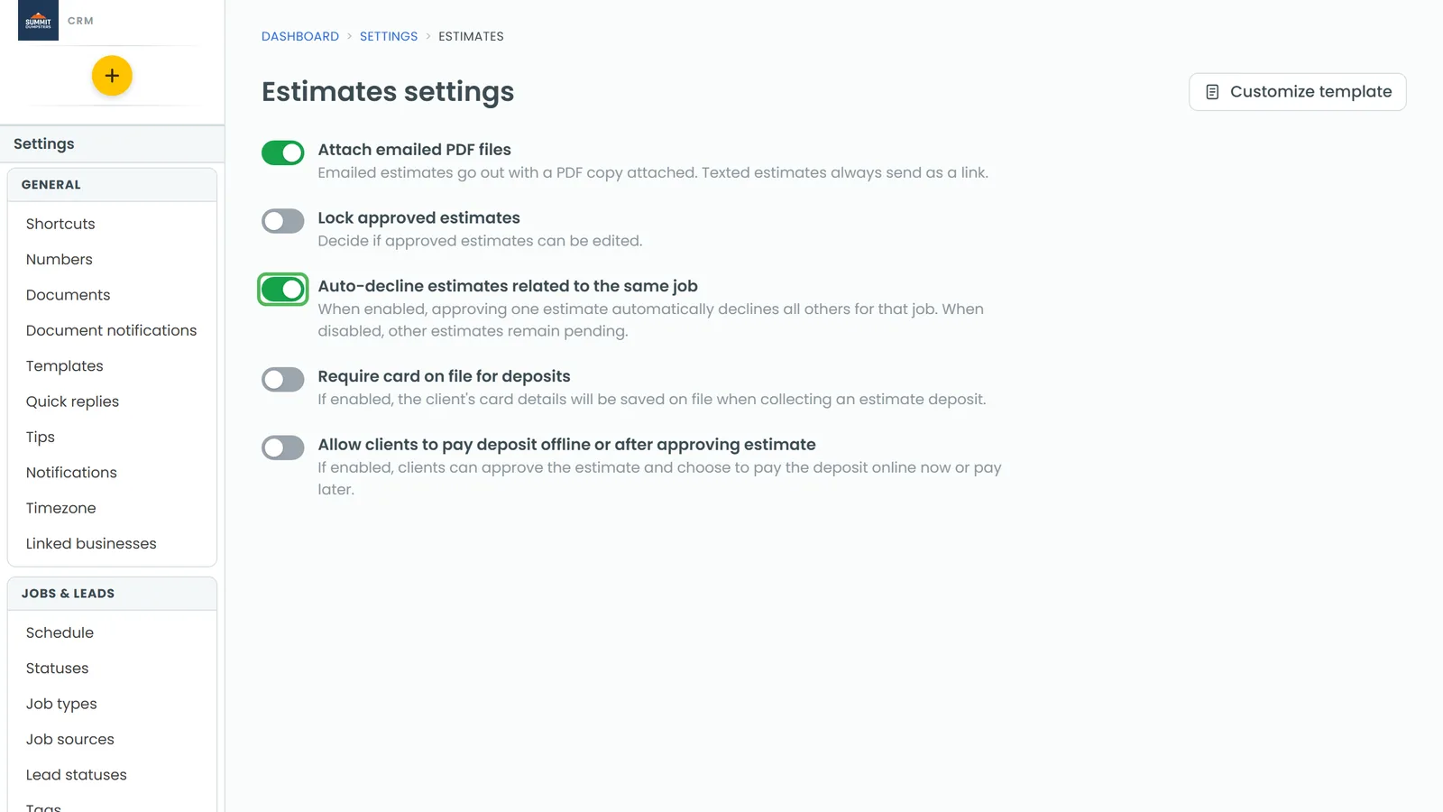 The Auto-decline switch on the Estimates settings page
