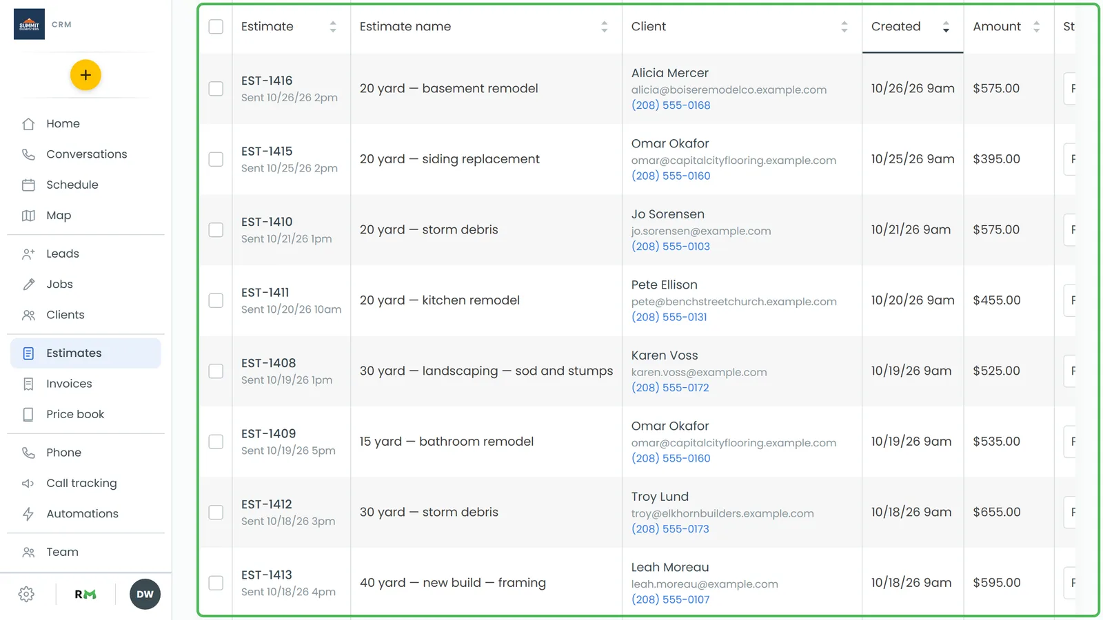 The Status column on the Estimates list