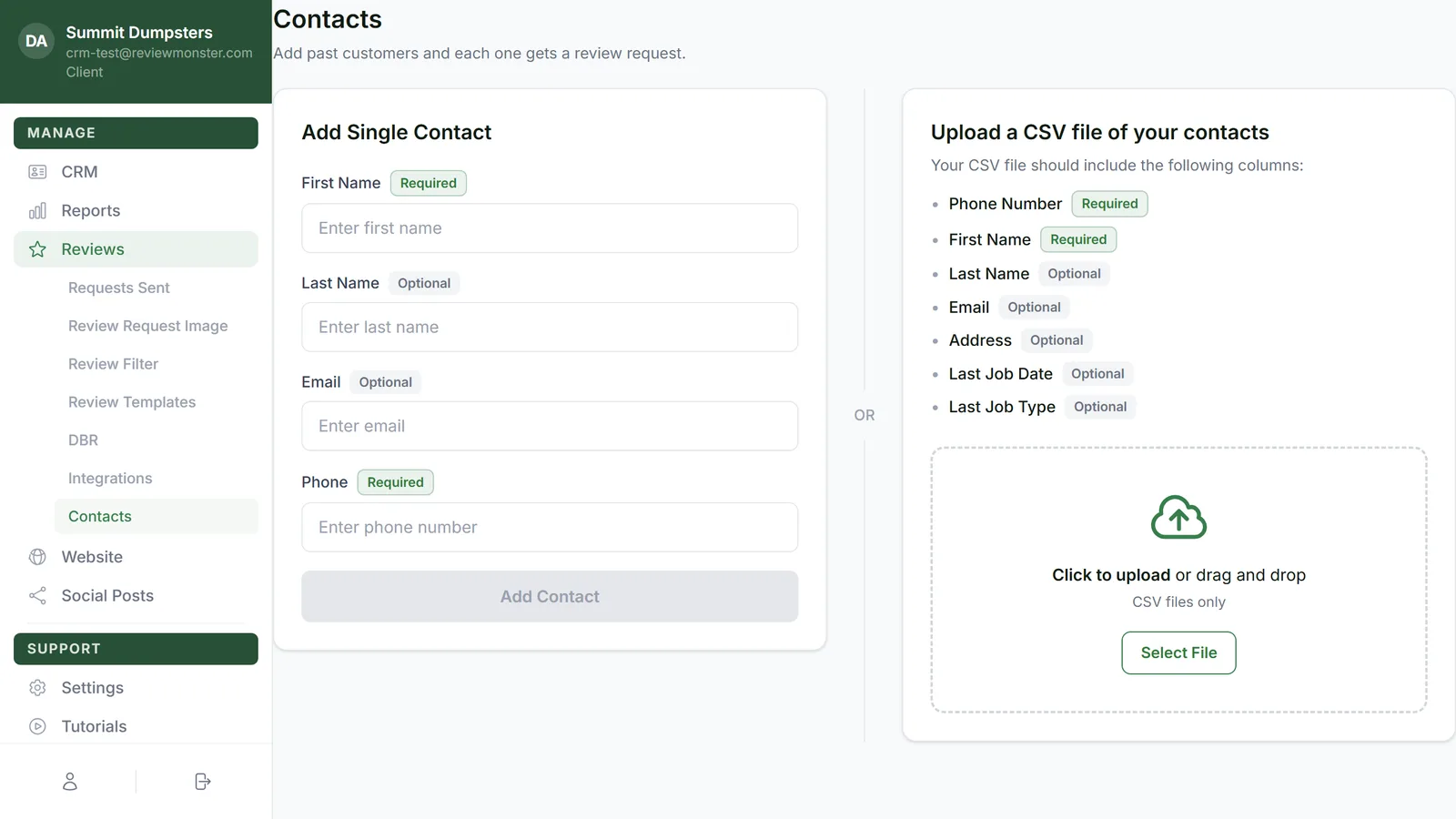 The Contacts page, with the Upload a CSV file of your contacts card on the right