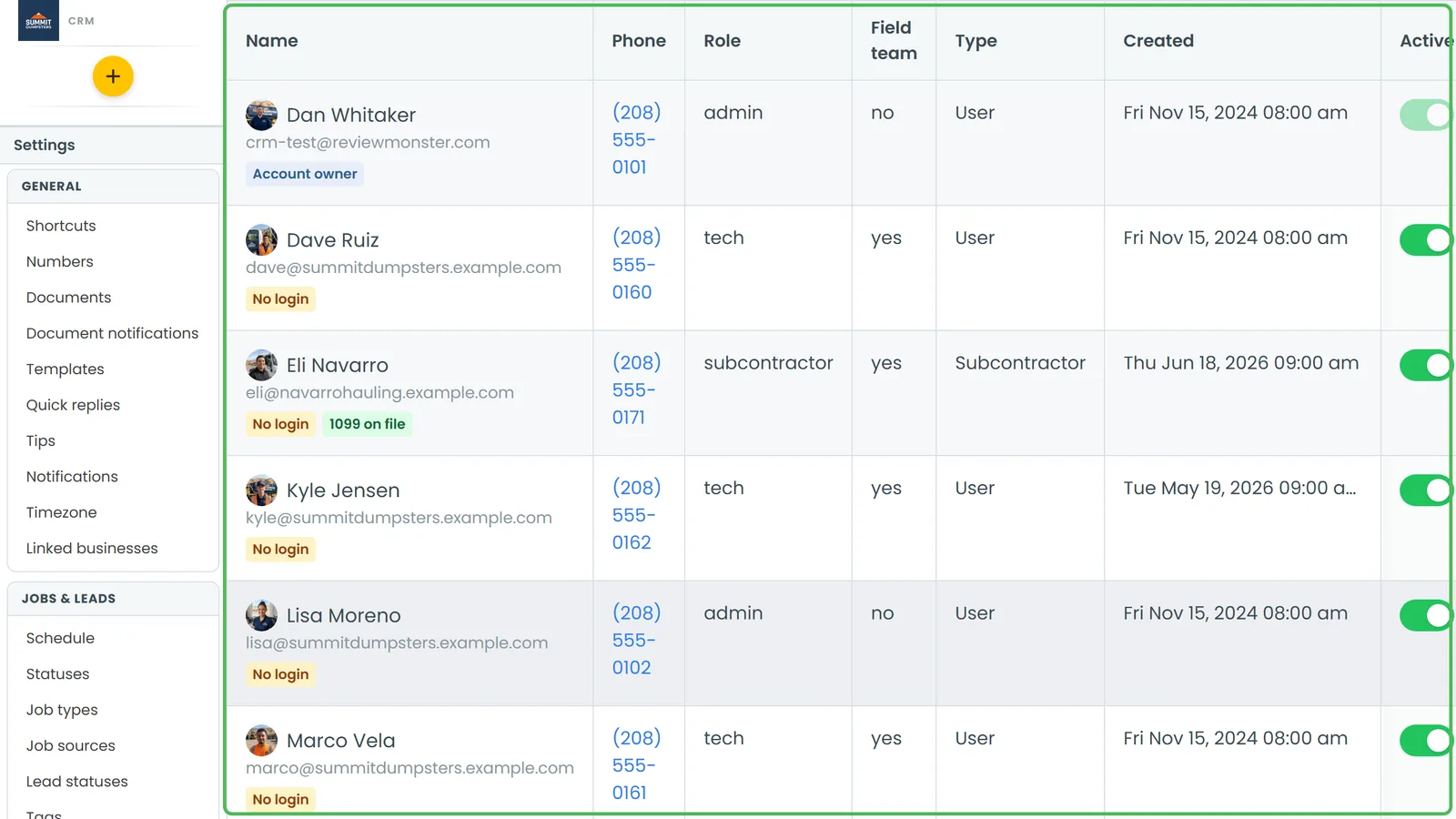 The Team page, with users and subcontractors in one list