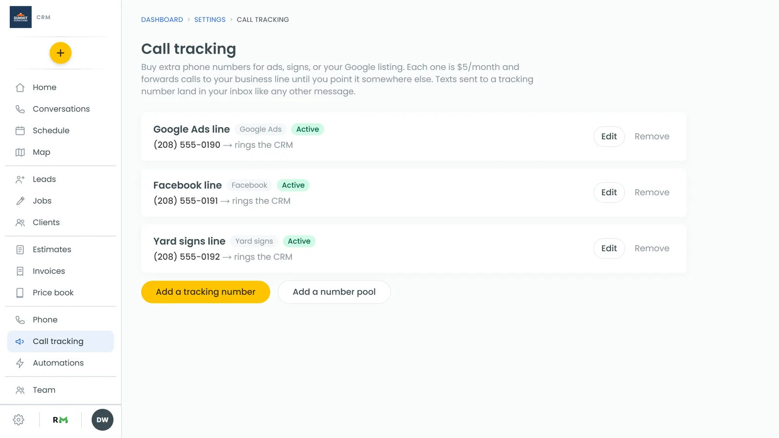 The edit window for a tracking number