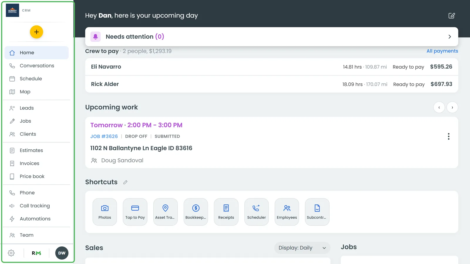 The web CRM with the menu pinned open down the left side