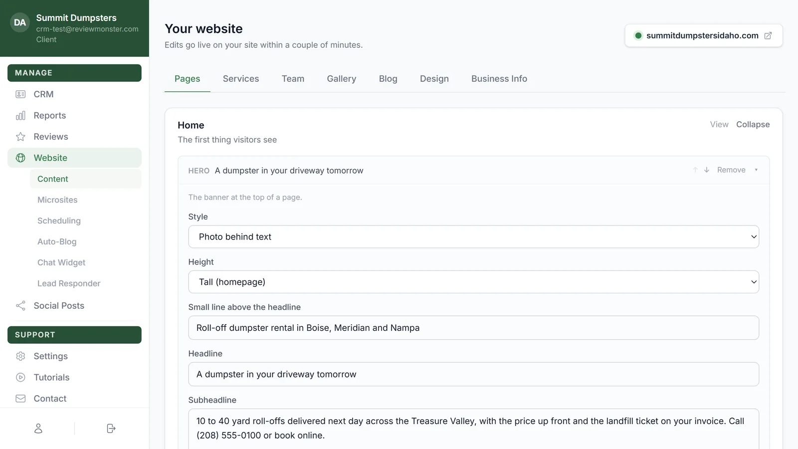 The Website page, with the header, the live-site link and the seven tabs