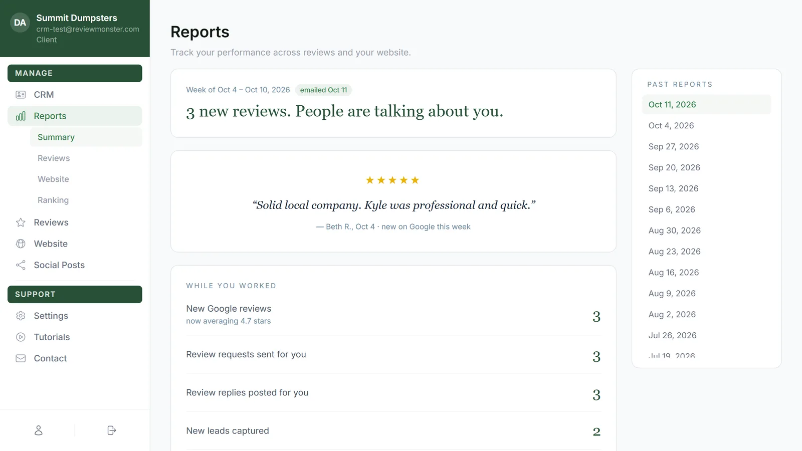 The weekly summary report in your dashboard