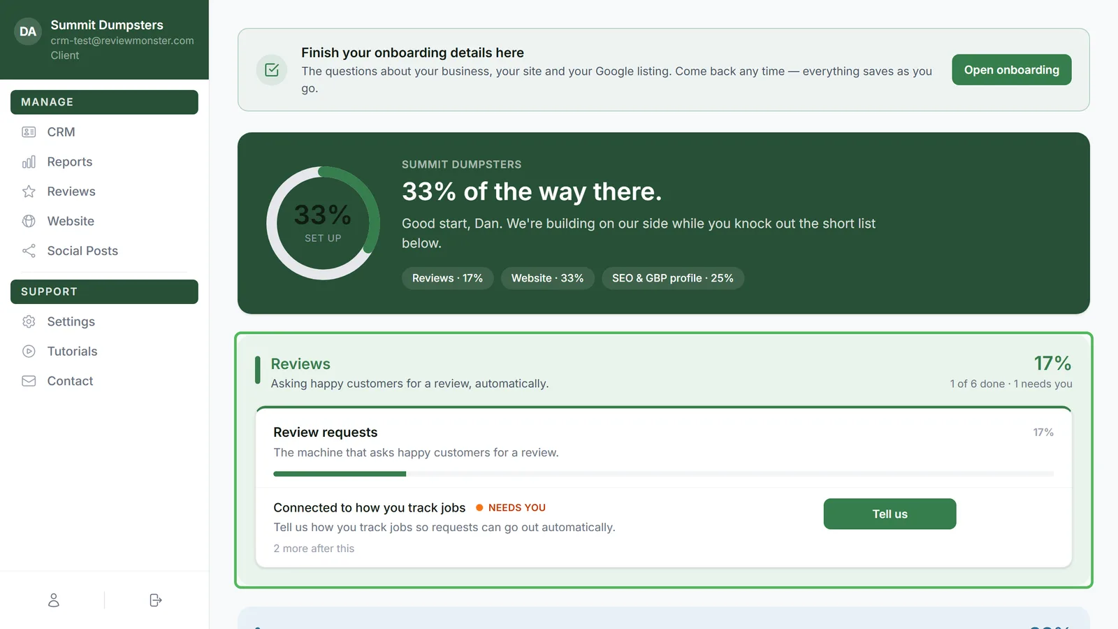 The Setup page, with your overall percentage at the top and a box for each part of your plan