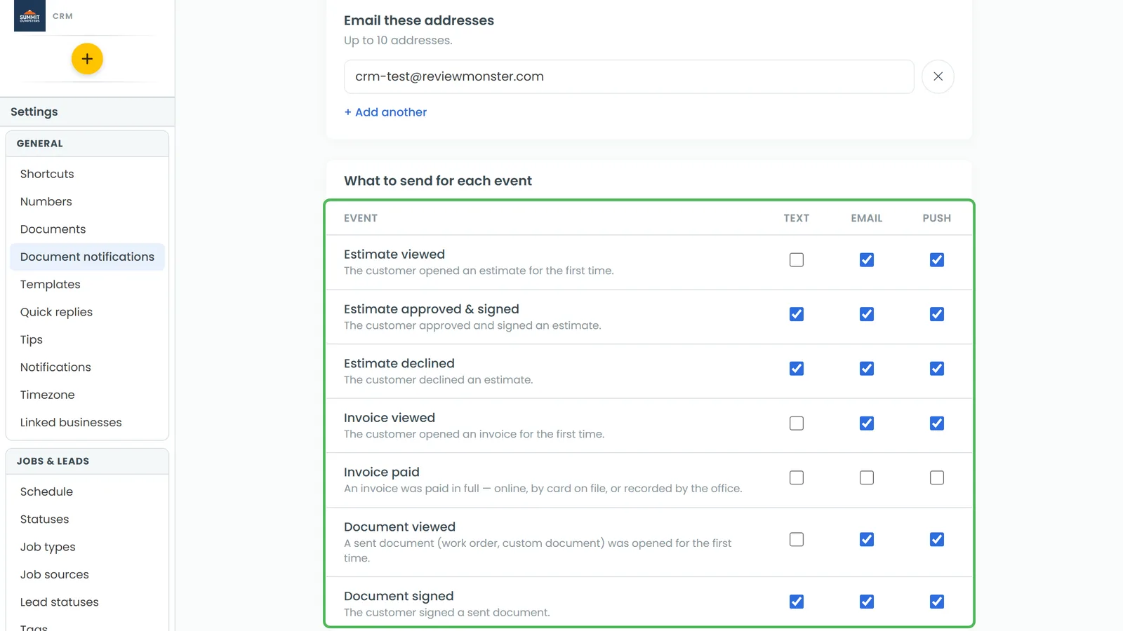 The Estimate declined row on the Document notifications page