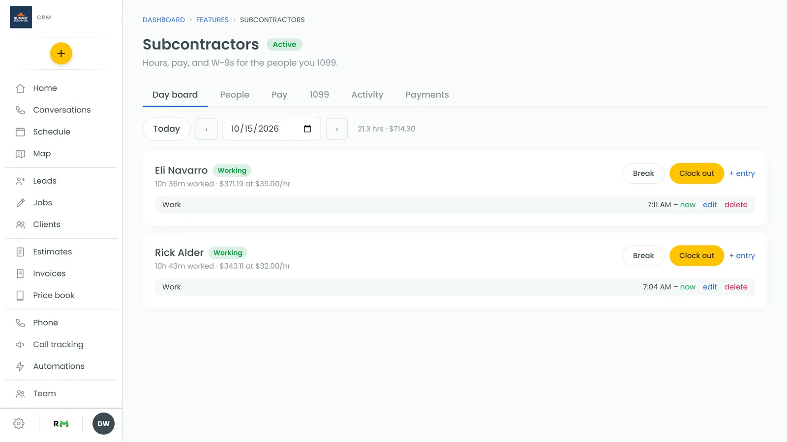The Subcontractors page and its tabs